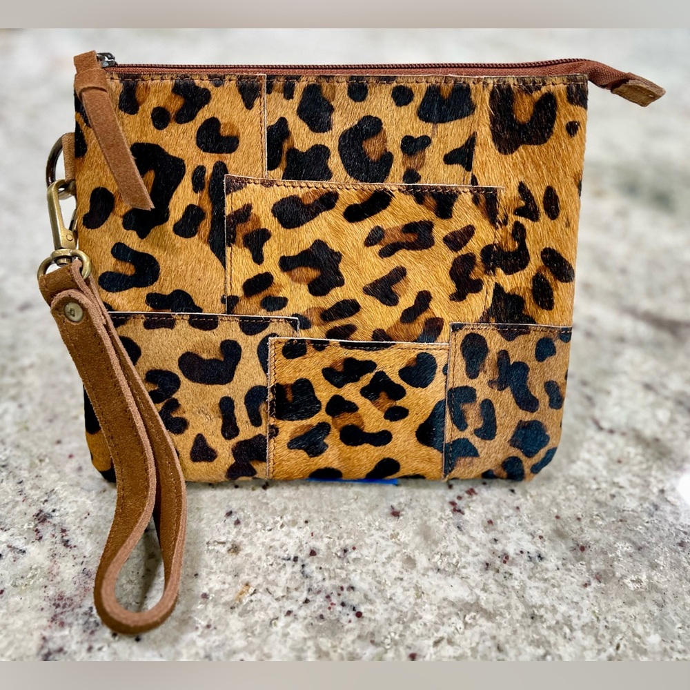 Leopard Print Genuine Fur on Cowhide Wristlet Clutch (NEW)